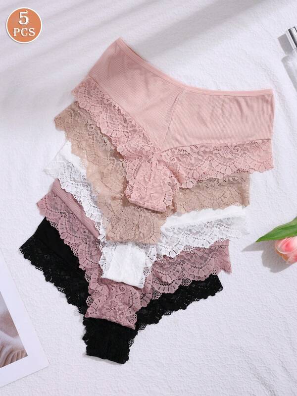 5pcs Women'S Elegant Lace Trim Briefs - Soft Breathable Underwear,For Everyday Casual & Wear, Lace Panties, Comfortable Underwear, Delicate Lace Design