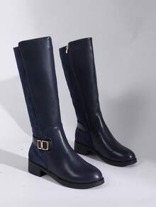Women's Plus Size Riding Boots With Side Zipper, Metal Buckle Decor, Thermal Lined Warm, Slimming Nude Color, Versatile For Daily Wear - Royal Blue - View 8