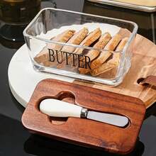 1pc Acacia Wood Lid Glass Butter Dish Set. Thick Glass Butter Container With Bamboo Lid For Home Kitchen, Large Butter/Cookie/Snack Storage, Suitable For Gifts, Christmas Present