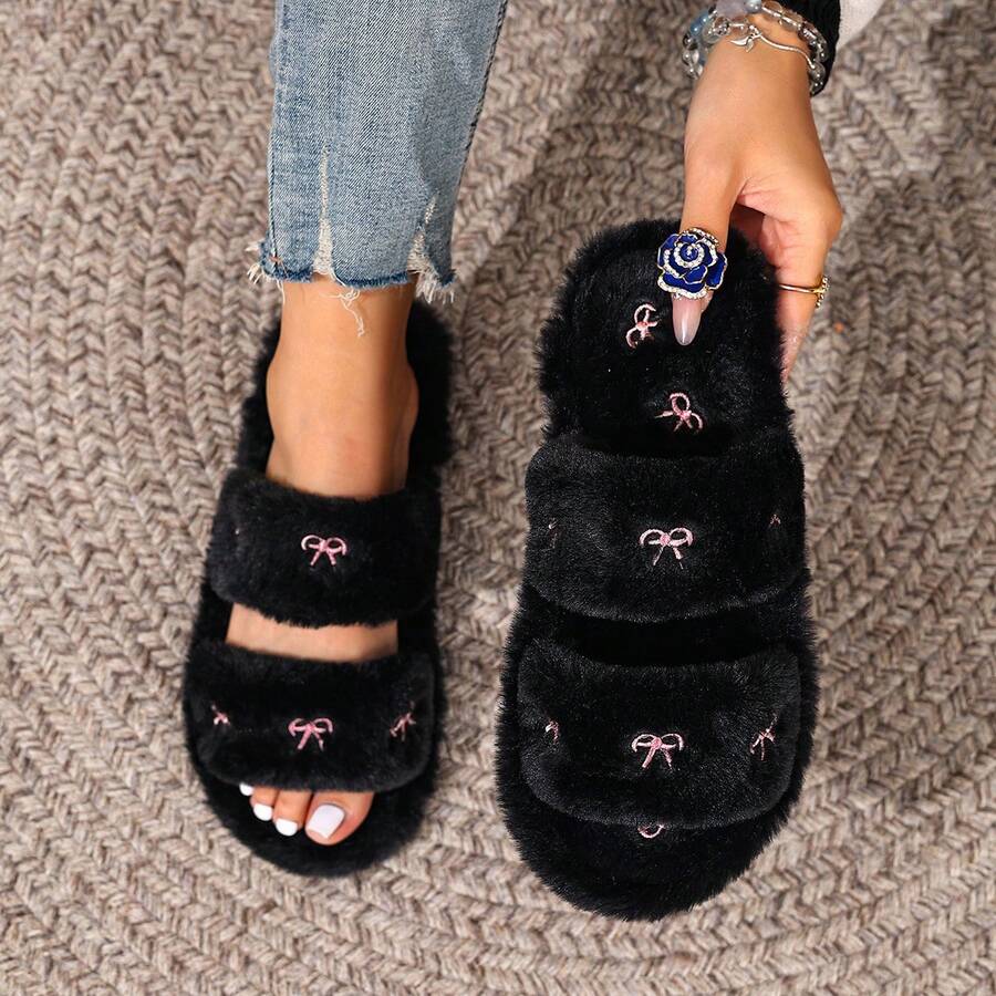 Pantofole da donna per la casa in tessuto con fiocco ricamato, indossabili in tutte le stagioni, con suola piatta e interno in peluche, pantofole da interno per pavimento di casa