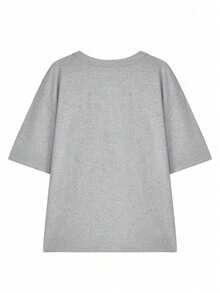 Women's Loose Hollow-Out Slogan Print Short Sleeve T-Shirt, Grey - Grey - View 7