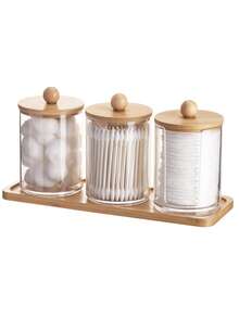 Caja de almacenamiento de 10 oz con bolas/almohadillas de algodón y bandeja de tocador, frasco para hisopos de algodón, caja de almacenamiento transparente para el baño, set de 3 piezas, tapa de madera - color madera - Ver 3