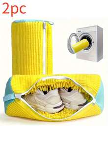 2pcs/1pc Durable Shoe Washing Machine Bag For All Types Of Shoes - Yellow With Blue Zipper, Suede Fabric Lining & Noise Reduction Design, Elastic Nylon Zipper, Suitable For All Washing Machines, Protective Sneakers, Casual Shoes & Delicate Items