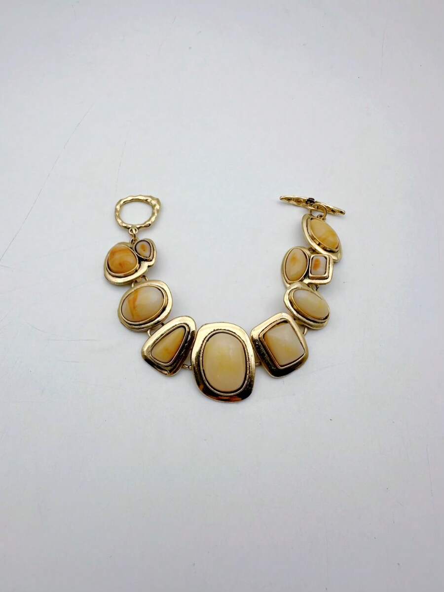 1 件复古风格锌合金镶嵌多色几何树脂宝石简约手链，适合女性，周年纪念礼物，休闲/节日穿着 - 卡其色 - 查看 1