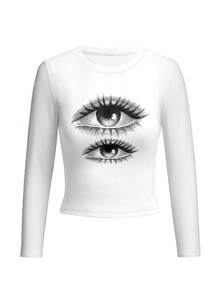 圆领长袖T恤American Hottie春秋新款眼睛图案字母印花女短款修身塑身衣 - 白色 - 查看 3