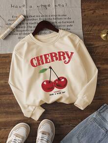 1 pieza Sudadera casual de cuello redondo con estampado de cerezas para niñas, sudadera de manga larga gruesa para estudiantes en otoño/invierno - Albaricoque - Ver 2