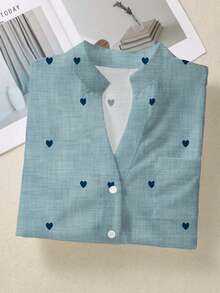 女士浪漫心形印花长袖纽扣衬衫，带口袋，秋冬上衣 - 藏蓝色 - 查看 5