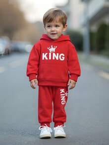 0-3 Years Old Baby Boy Autumn/Winter Hooded Sweatshirt Set, Letter Print Casual 2 Pieces Outfit, Boys Outdoor Sports Wear - Red - View 1