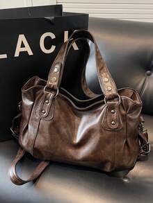 1pc Vintage Large Capacity Handbag, Vintage PU Shoulder Messenger Bag, Women Casual Tote Bag And Wallet - Cà phê - Xem 6