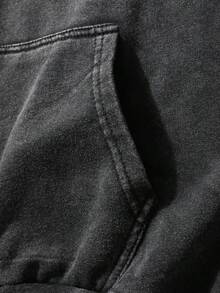 Hemo 复古街头印花抽绳连帽衫，常规版型休闲舒适袋鼠口袋套头连帽衫，适合日常穿着，秋冬男装 - 黑色 - 查看 4