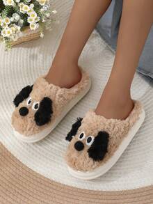 Pantufas femininas de sola grossa com estampa de cachorrinho de desenho animado, pantufas fofas de casal, quentes e antiderrapantes, para uso interno/externo, outono/inverno