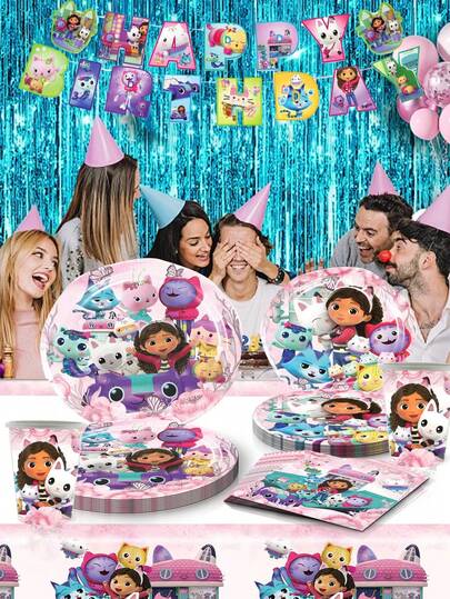 Gabby's Dollhouse Gabby's Dollhouse Theme Birthday Party Decoration Supplies, Tablecloths, Plates, Paper Cups, Napkins, Flag Collection Cartoon And Anime Character Festival Party Supplies, Disposable Tableware Supplies, Suitable For Exposed Meals, Birthday Party Supplies