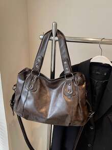 1pc Vintage Large Capacity Handbag, Vintage PU Shoulder Messenger Bag, Women Casual Tote Bag And Wallet - Cà phê - Xem 7