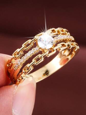 1件装时尚链条线条设计立方氧化锆镶嵌女戒指