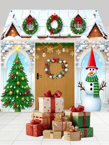 3 pièces Ensemble de décoration Sapin de Noël, Bonhomme de neige, Couronne - Bannière suspendue, Rideau, Décoration de toit pour fête de Noël