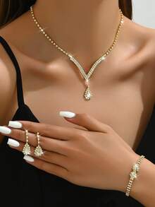 4 件新娘首饰套装：水钻爪链玻璃泪珠项链、耳环、手链，优雅适合婚礼、正式场合 - 金色 - 查看 1