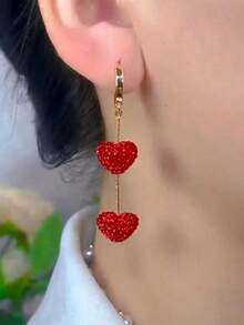 Rundraw 2pcs Luxury Metal Studded Heart Shaped Dangle Earrings For Women, Elegant Party & Festival Gifts Valentines,Mom,Mother,Mother's Day,Gift - 紅色 - 查看 2