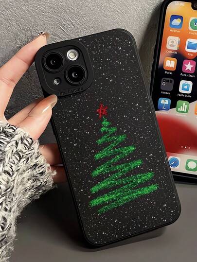 1pc Fashionable & Unique Christmas Tree & Snowflake Pattern Black Protective Phone Case, Compatible With Apple 13, 11, 14 Pro Max, 13 Pro, 15/15 Plus/15 Pro/15 Pro Max/12/12 Pro/12 Pro Max/14/14 Pro/13 Pro Max And Other Models