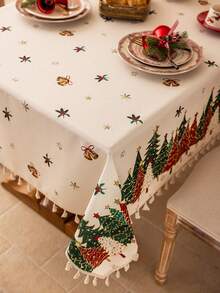 1pc Merry Christmas Party Tablecloth, White Christmas Tree Pattern, Dining Table Cover, 3D Bamboo Texture, Beige Tassel Decor, Washable, Coffee Table, Cabinet Cover, Holiday Decor, Suitable For Gathering, Dinner, Festival, Party, Christmas Gift, New Year Decor, Autumn Decor
