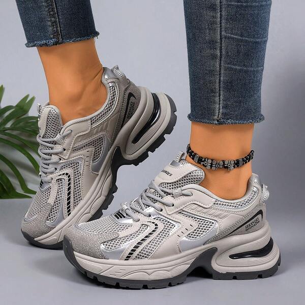 Women'S Thick Platform Sneakers - Cushioned Running Shoes With Breathable Mesh Upper, Non-Slip PVC Sole - All-Season Gym, Walking, Everyday Shoes - Lace-Up Closure - Grey/White Colorway - PU Synthetic & Mesh Construction, Ladies Sneakers, Gym Footwear, Sleek Shoe Design, Comfortable Fit, Walking Footwear, Sporty Design, Durable Construction, Fitness Enthusiasts