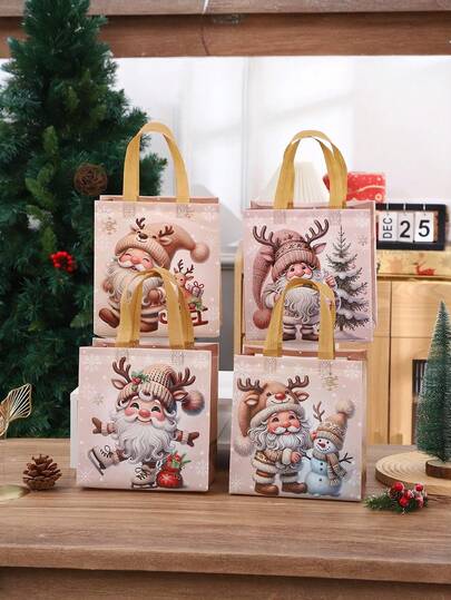 4 أكياس هدايا عيد الميلاد الفاخرة - بنمط بابا نويل والرنة والثلج - باللونين البيج والبني، أكياس ديكور عيد الميلاد من قماش غير منسوج، مناسبة للأعراس وأعياد الميلاد وحفلات الأميرات والمناسبات الموسمية، مع مقابض متينة، مناسبة لهدايا عيد الهالوين وعيد الميلاد والأعراس