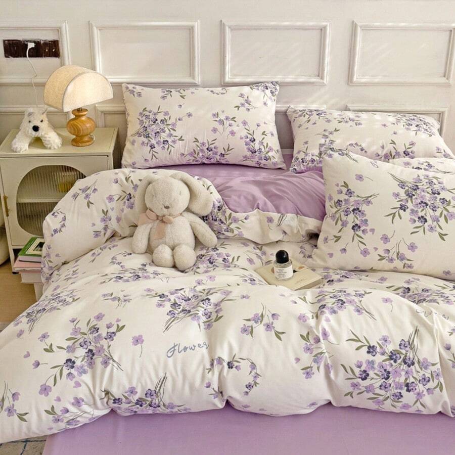 4 件套床上用品套装，紫色薰衣草印花羽绒被套，柔软透气的涤纶床上用品套装，清新农舍风格花卉和叶子图案，适合所有季节，家居装饰，包括 1 个羽绒被套（无填充物）、1 张床单、2 个枕套（无填充物） - 薰衣草 - 查看 1