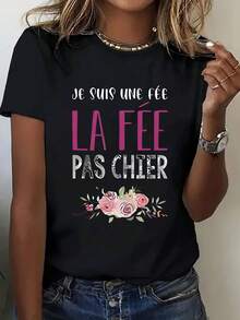 Plus Size Women T-Shirt French Text Floral Crew Neck Short Sleeve Casual Spring Summer Fall Vacation Black - Black - View 6
