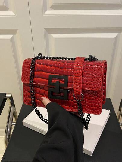 迷你时尚女士复古单肩包金属链条轻便斜挎包PU休闲锁扣方形包鳄鱼纹包年轻女孩购物袋适合女性日常通勤