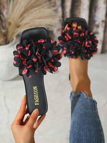 Schleifenflache Sandalen, Feenartiger Stil Pantoffeln mit Blumen Dekor, Damen Sommer Zehentrenner