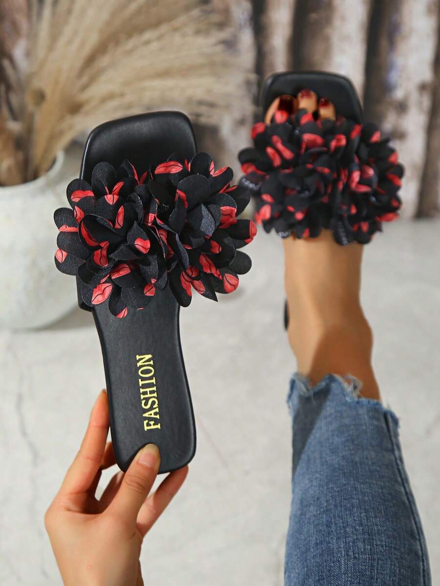 Schleifenflache Sandalen, Feenartiger Stil Pantoffeln mit Blumen Dekor, Damen Sommer Zehentrenner