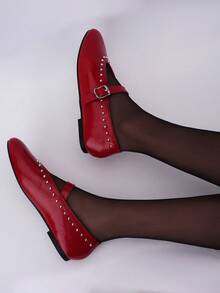 Bailarinas de mujer con puntera redonda, decoración de remaches rojos, estilo Mary Jane. Zapatos planos casuales, cómodos y versátiles, adecuados para vestidos, ir al trabajo y uso diario.