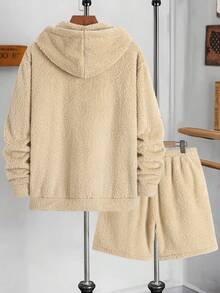 2 件男士纯色羊毛半拉链连帽衫，配有撞色抽绳和刺绣字母，休闲街头时尚装扮，秋冬 - 卡其色 - 查看 2