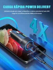 Cargador rápido para coche QC3.0 con cable de carga de 1 m PD30W