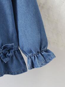 2pcs/Set Girls Casual Street Style Cute Blue Bow Denim Jacket And Floral Denim Pants Set, Autumn/Winter New Arrival - Medium Wash - View 4