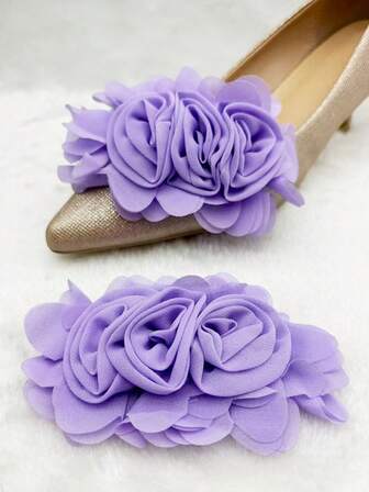 2pcs 3 Purple Chiffon Patchwork Rose Flower Shoe Clips, 3D Handmade Shoe Decorations, Removable Shoe Clips Suitable For Boots, Clothing & DIY Decoration