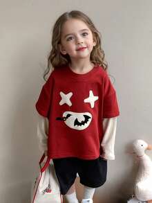 Girls Long Sleeve 2 In 1 T-Shirt T-Shirt, Children Halloween Embroidered Bat Pattern Casual Loose Top, Spring/Autumn