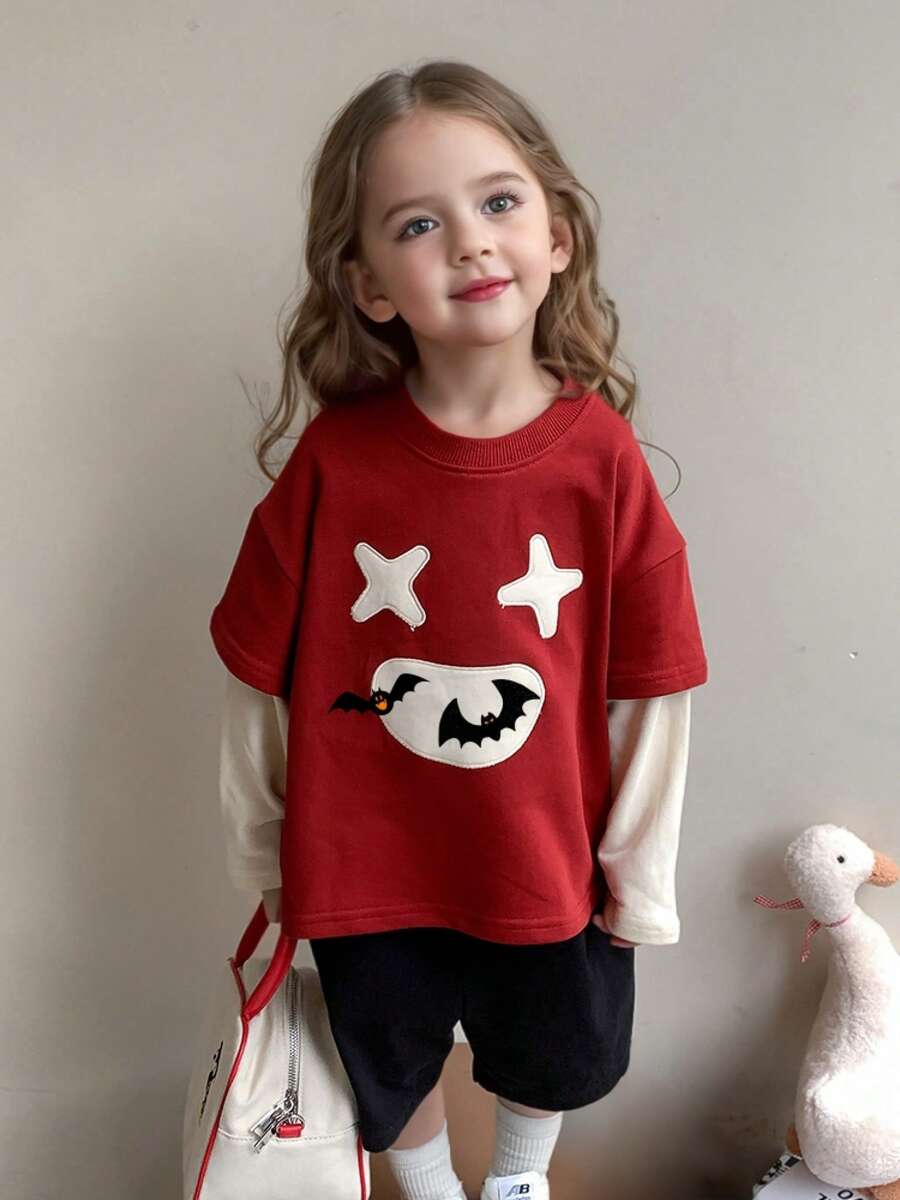 Girls Long Sleeve 2 In 1 T-Shirt T-Shirt, Children Halloween Embroidered Bat Pattern Casual Loose Top, Spring/Autumn