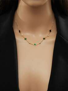Set Of Luxury Fashion Gold-Plated Stainless Steel Square Emerald & Rhinestone Decor Minimalist Necklace & Bracelet Jewelry Set, Suitable For Daily Wear And Gift Giving - Yellow Gold - View 4