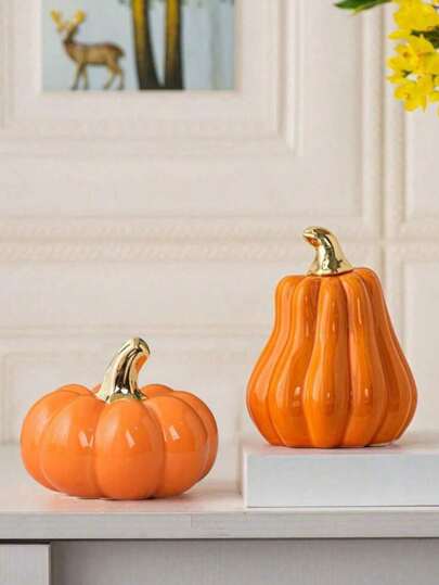 1 szt. Nowa, pomarańczowa, ceramiczna dynia na Halloween, dekoracja stołu, prosta, jesienna, ceramiczna dekoracja w kształcie wysokiej dyni, dekoracja stołu, odpowiednia na biurko, do biura i domu, na Boże Narodzenie, jesień, prezent na imprezę halloweenową