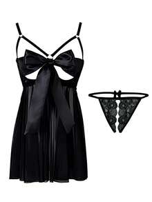 2pcs Plus Size Lingerie Set With Ribbon Tie Back Design, Christmas, Halloween, Valentine's Day Gift - Black - View 6