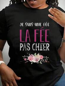 Plus Size Women T-Shirt French Text Floral Crew Neck Short Sleeve Casual Spring Summer Fall Vacation Black - Black - View 5