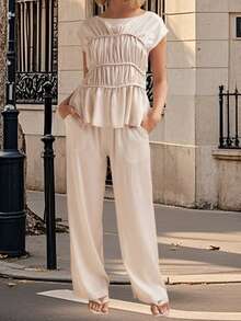 Women's Pants Set Fashionable Solid Color Smocked Cap Sleeve Tops With Drawstring Pants 2Ps Outfits - Champagne - View 3