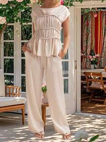 Women's Pants Set Fashionable Solid Color Smocked Cap Sleeve Tops With Drawstring Pants 2Ps Outfits - Champagne - View 5