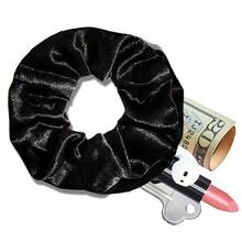 1pc Velvet Scrunchie With Hidden Zipper Pocket, Elegant Fabric Scrunchie With Concealed Zipper Pocket, Elastic Hair Band With Secret Compartment To Store Cash, Keys, Lipstick And Other Items, Simple Style Travel Storage Pouch, Large Capacity Cosmetic Organizer Box For Lipstick, Makeup Brushes, Skincare, Phone, Coins, Small Items - Multicolor - View 3