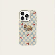 1 pieza Funda de teléfono con patrón de perro salchicha azul con diseño de tablero de ajedrez de cereza, de material TPU, compatible con Apple/Teléfonos - Blanco - Ver 5