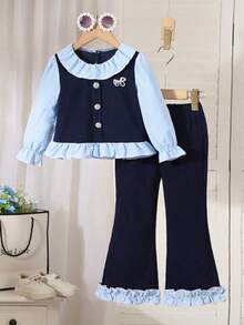 2pcs/Set Young Girl Casual Sweet Princess Everyday Outfit, Pearl Bow Blouse And Flare Pants Set, Autumn/Winter