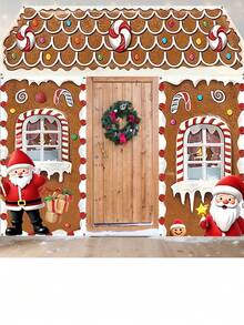3pcs/Set New Christmas Gingerbread House Santa Claus Curtain, Winter Christmas Photo Backdrop Party Decoration Hanging Cloth Set