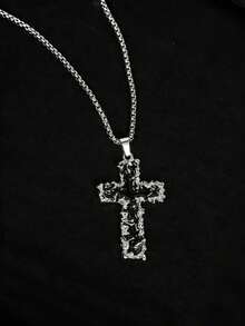 1 件简约水钻镶嵌十字架不锈钢项链，长款多层项链，适合日常佩戴，男女通用