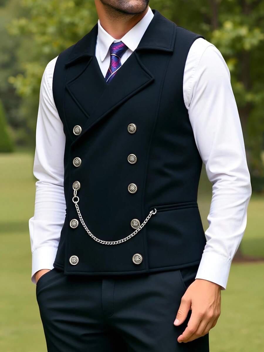 Men's Double-Breasted Suit Vest With Chain, Retro British Style Suitable For Weddings, Parties, Formal Events, Galas - Black - View 1