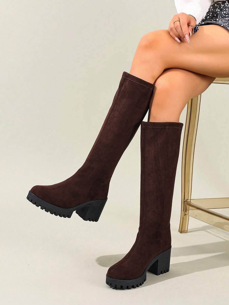 Women's Fashion Casual Comfortable Chunky Heel Side Zipper Knee-High Riding Boots, Pointed Toe - Coffee Brown - View 1